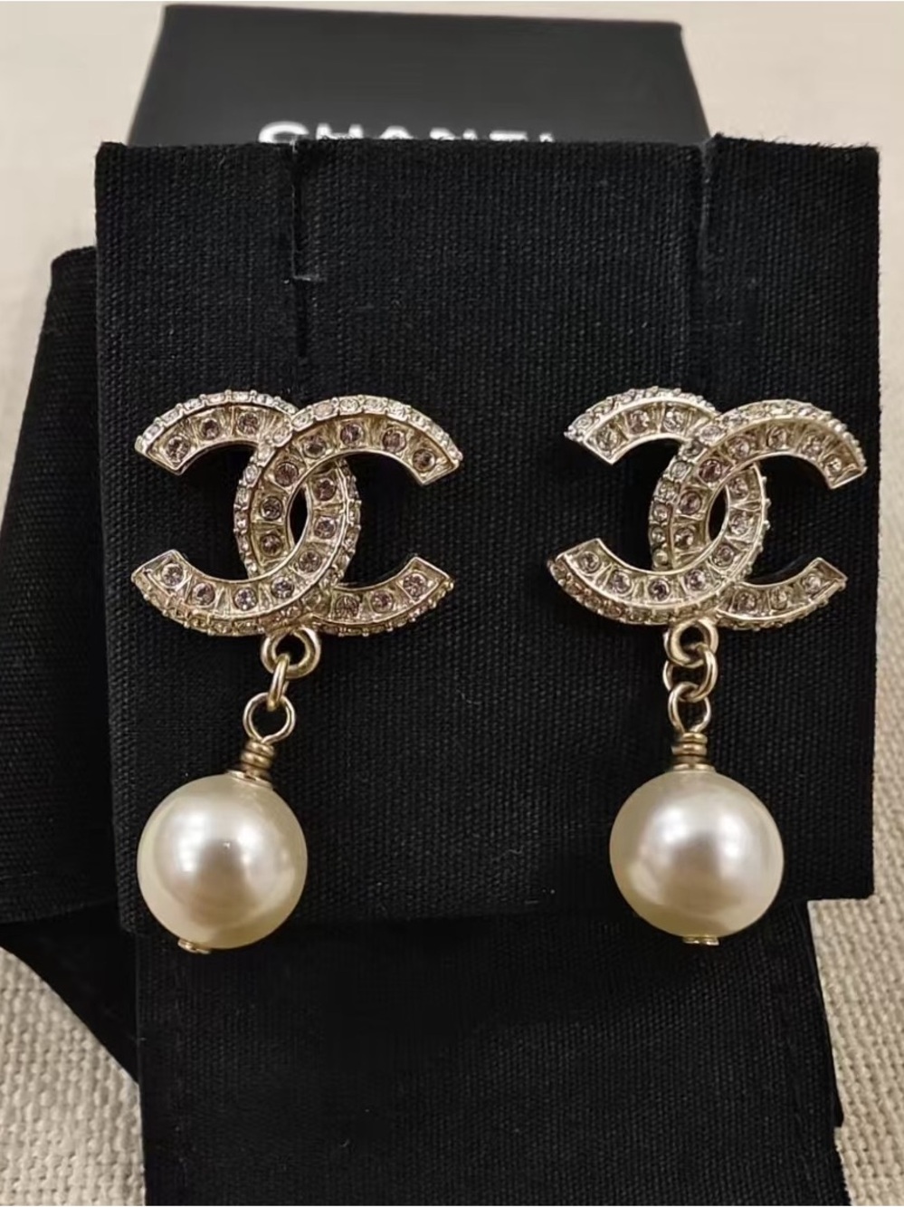 CHANELL Gold Crystal CC Drop Earrings with Ivory Pearls